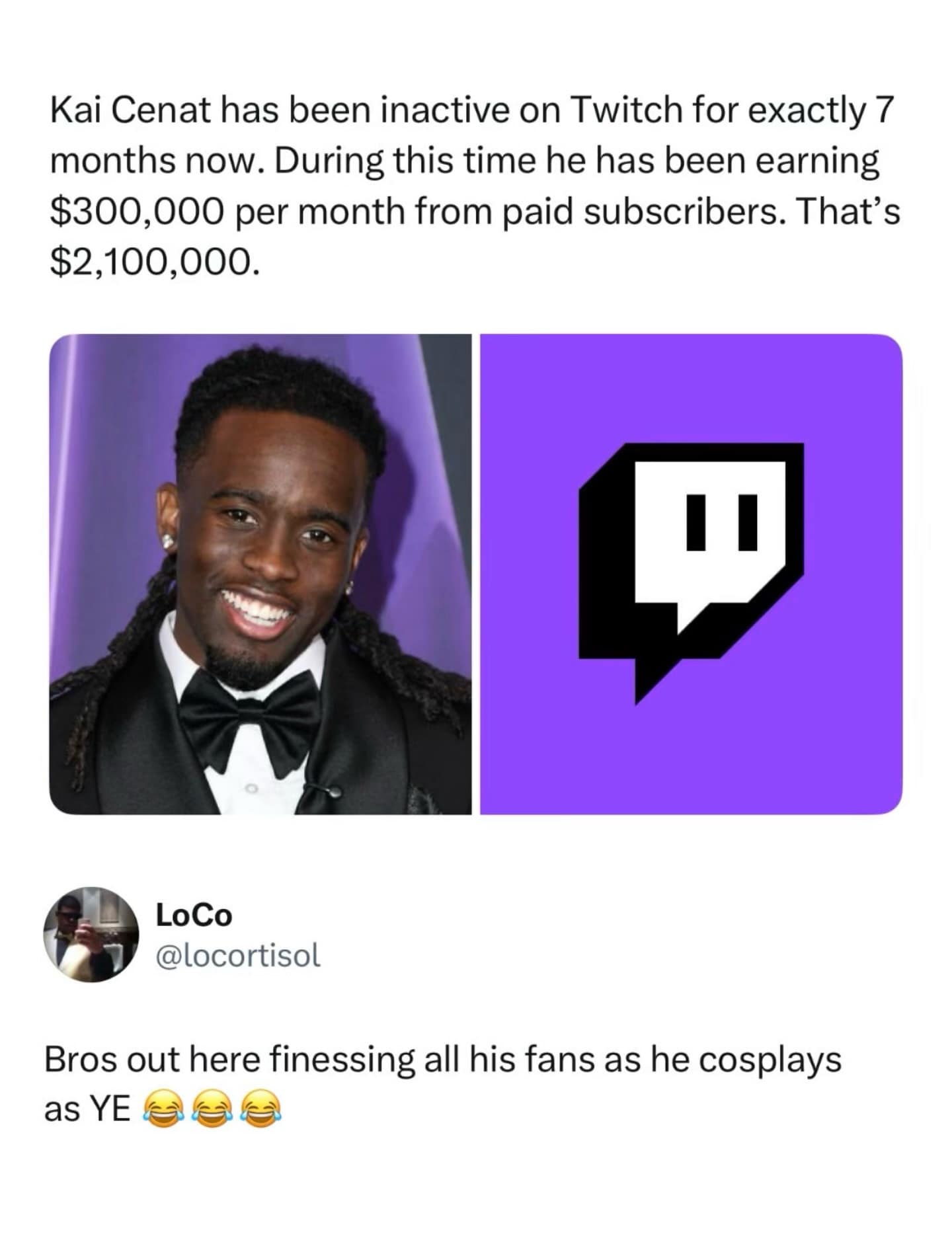 A news graphic in this meme dump about streamer Kai Cenat earning millions while inactive, with a comment comparing his fan-finessing skills to Kanye West.