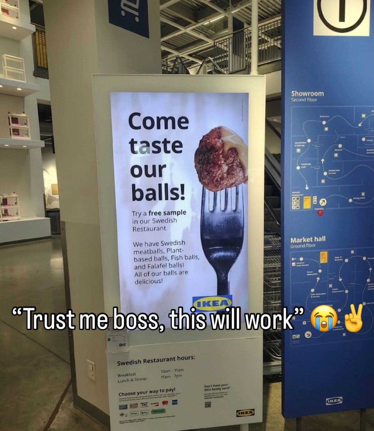 A real-world marketing blunder captured inside an IKEA store features a massive showroom display sign reading "Come taste our balls! Try a free sample in our Swedish Restaurant," overlaid with a sarcastic subtitle mocking the copywriter's audacity.