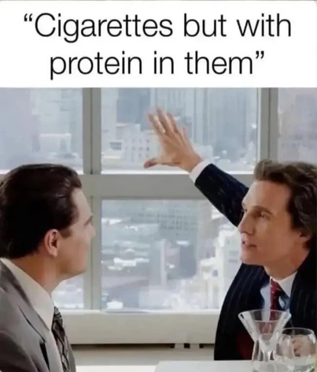 Actors Matthew McConaughey and Leonardo DiCaprio in their famous restaurant scene from The Wolf of Wall Street illustrate an unhinged gym-bro business pitch meme dump entry about inventing protein-infused cigarettes.
