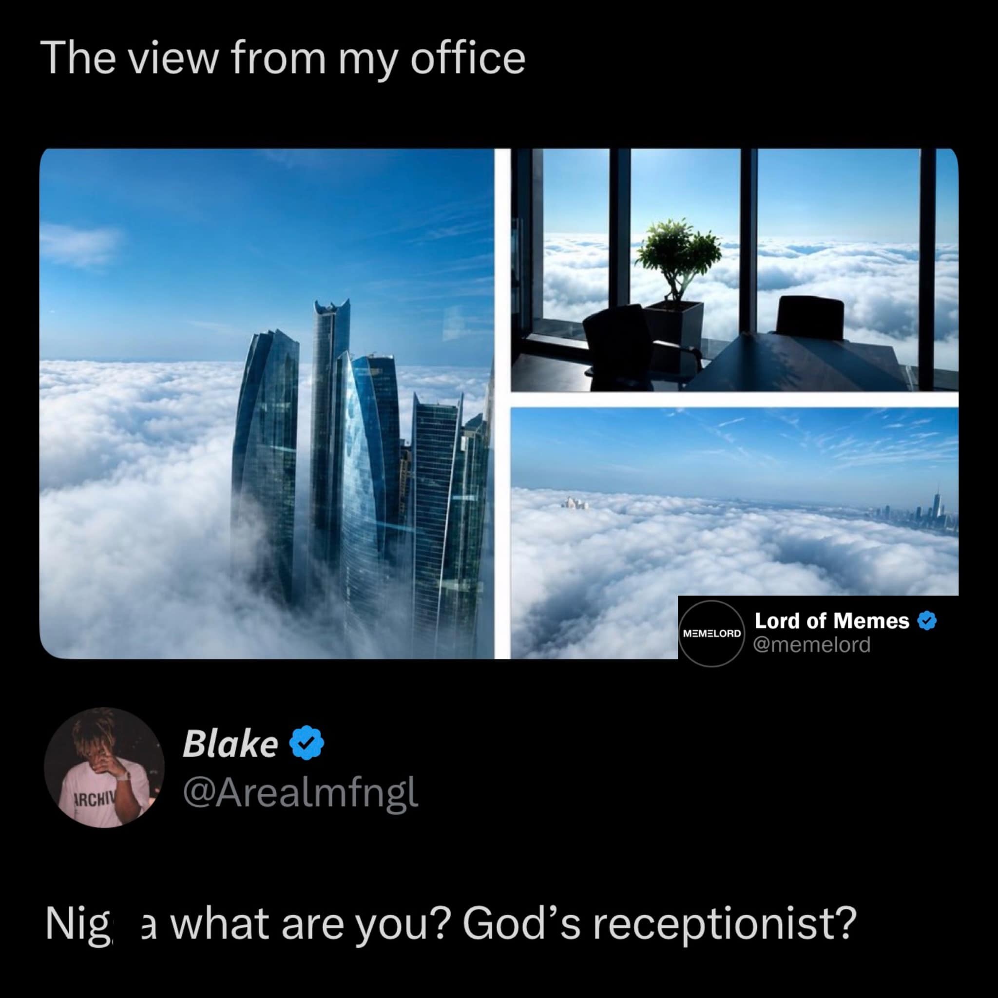A striking multi-panel layout features an ultra-modern skyscraper view towering completely above a pristine sea of low-hanging clouds, subverted by a hilarious text reaction by user Blake asking if the office worker is secretly God's receptionist.