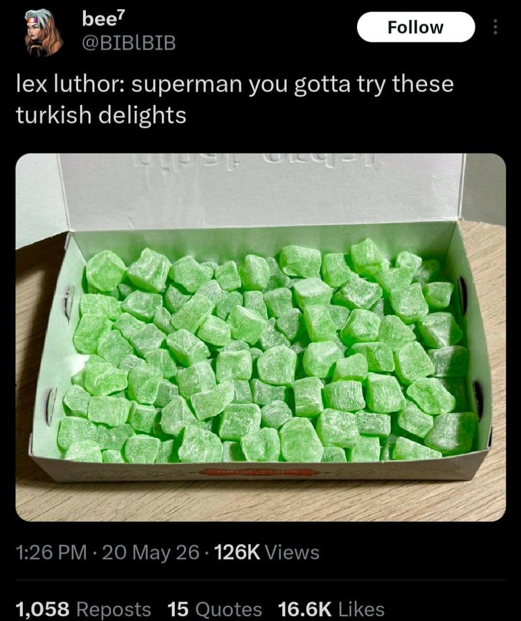 A box of glowing, vibrant neon-green Turkish delight confectionery cubes serves as the punchline for a clever pop-culture text post joking about Lex Luthor tricking Superman with Kryptonite sweets.