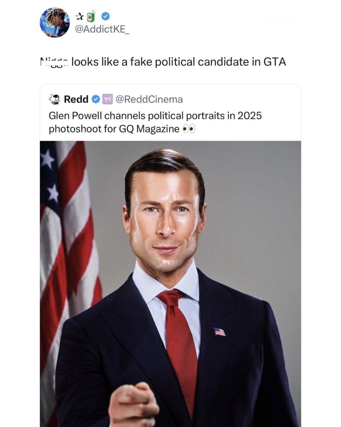 A viral meme dump snapshot showcases a Twitter post by user Keyarts roasting a hyper-glossy, chiseled GQ Magazine political photoshoot of actor Glen Powell by comparing his airfinished look to a fake political candidate render from a Grand Theft Auto video game advertisement.