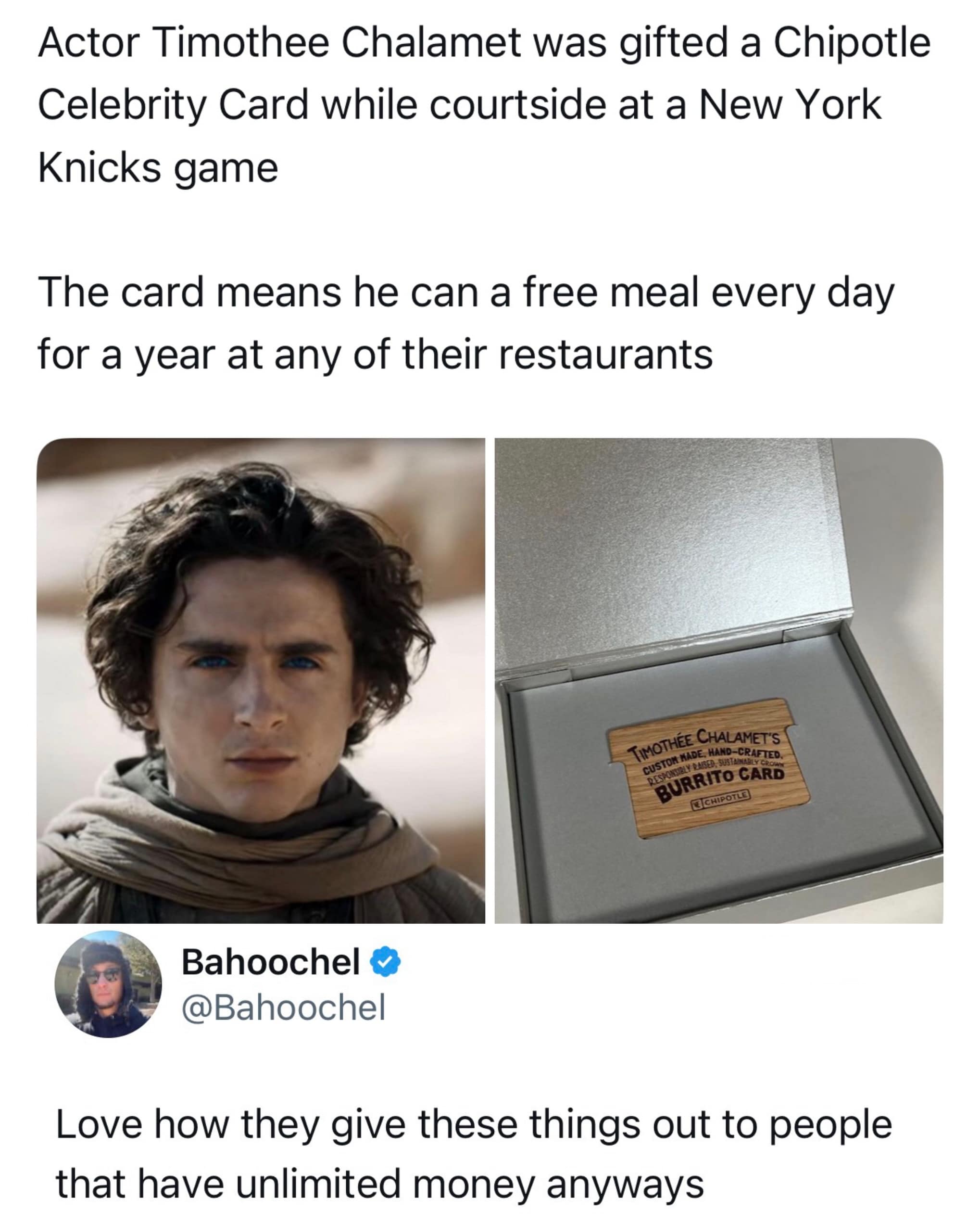 A split-screen media layout operates as a hilarious meme tracking actor Timothée Chalamet alongside his custom, wood-crafted Chipotle Celebrity Card, showcasing a tweet mocking how major brands gift free daily meals to wealthy elites who already have unlimited money.