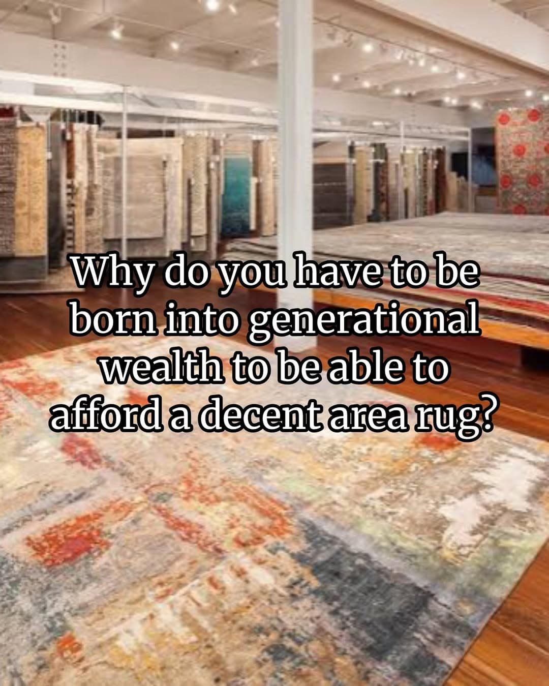 A hilarious meme showing a showroom filled with hanging carpets, overlaid with text lamenting the fact that buying a decent area rug apparently requires a lifetime of generational wealth.