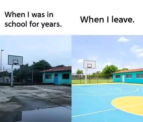 A split-screen infrastructure comparison contrasts a cracked, flooded concrete recreational area against a beautifully renovated, brightly painted modern basketball court to illustrate a universally relatable school graduation grievance.