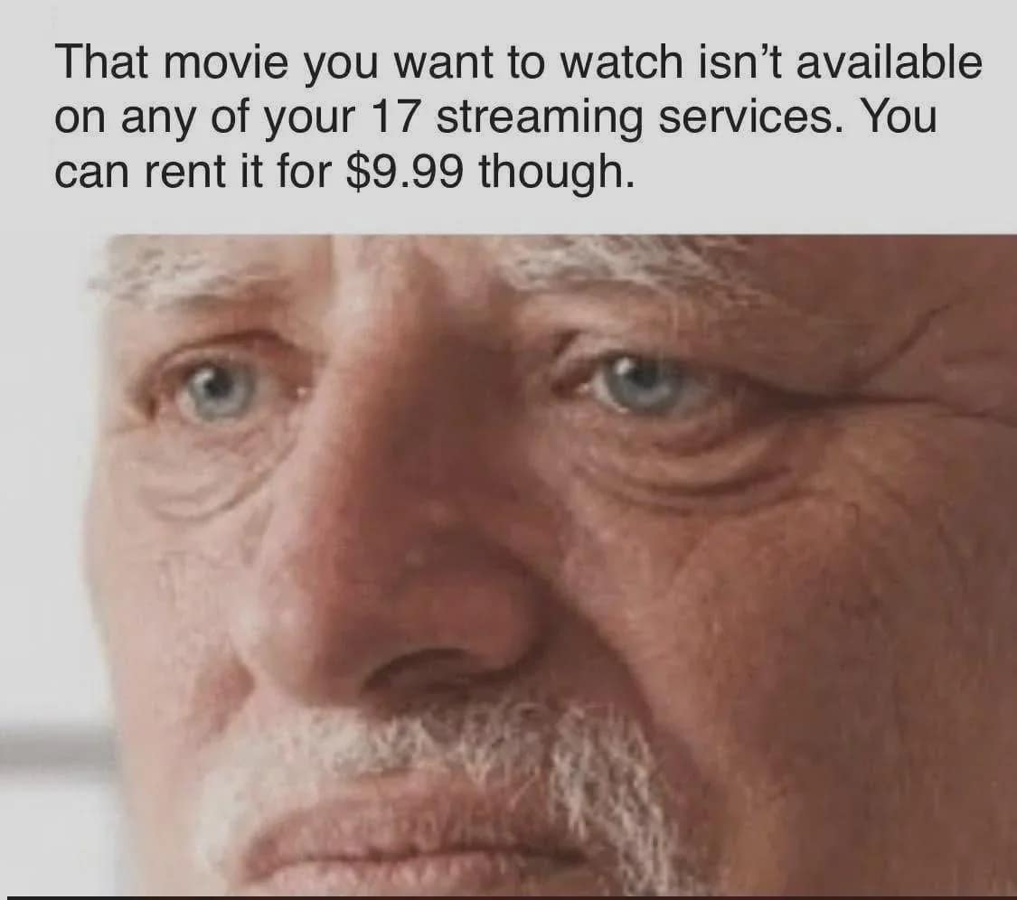 A high-res close-up of "Hide the Pain Harold" used as a relatable meme dump highlight. The text laments the pain of having 17 streaming services only to find the movie you want requires a $9.99 rental fee.