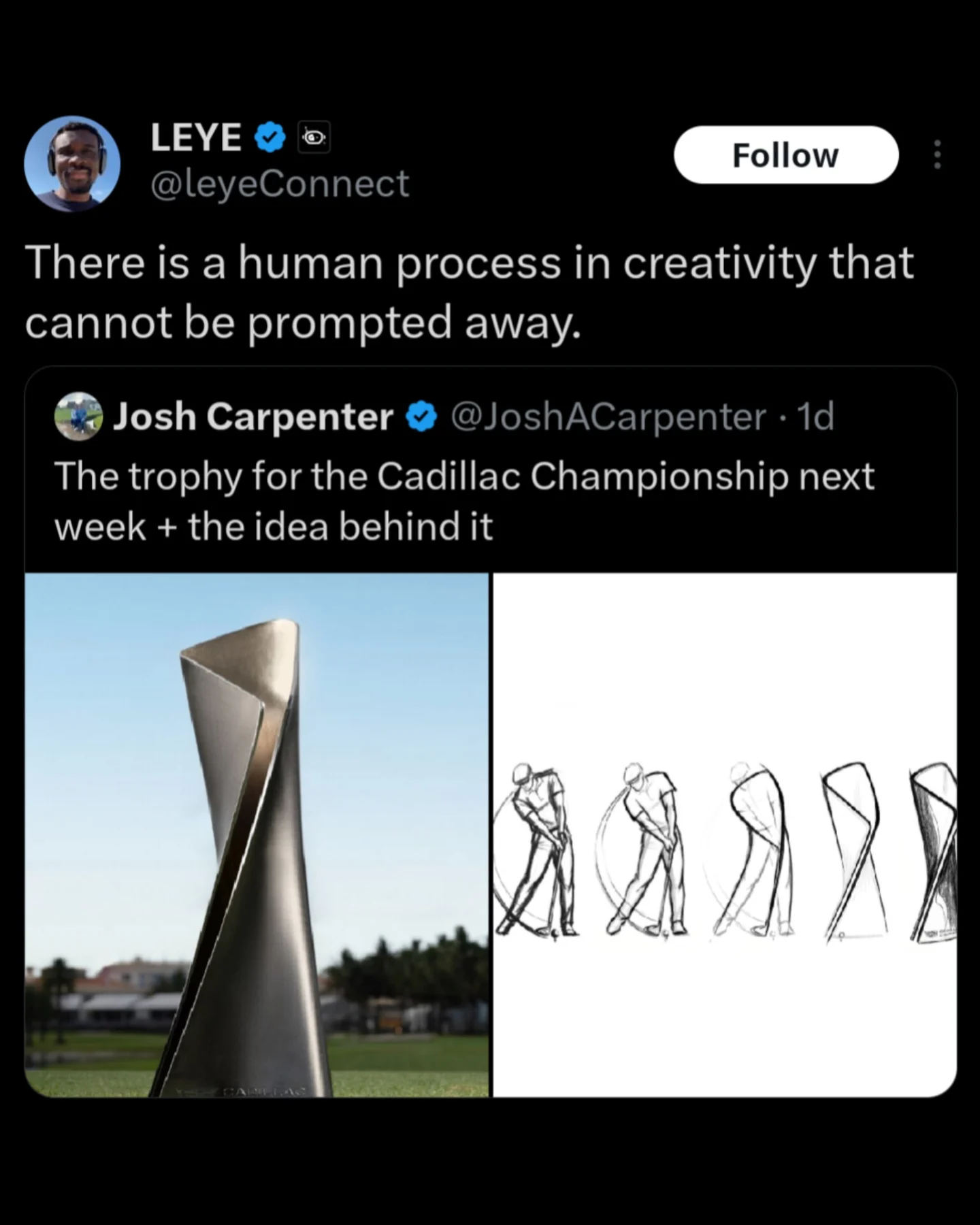 A creative entry from a meme dump showing a tweet about the Cadillac Championship trophy. It compares the final sleek, twisted silver trophy to a series of sketches showing how a golfer’s swing motion inspired the design.