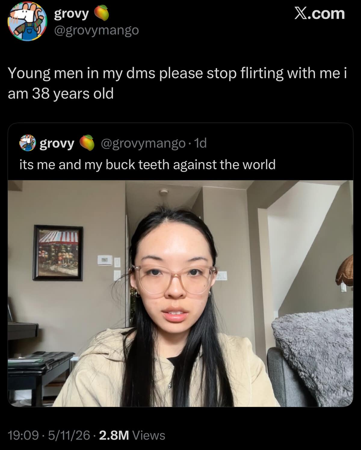 A quote-retweet featuring a photo of a woman who looks remarkably young, paired with her exasperated request for young men to stop flirting with her because she is actually 38 years old.