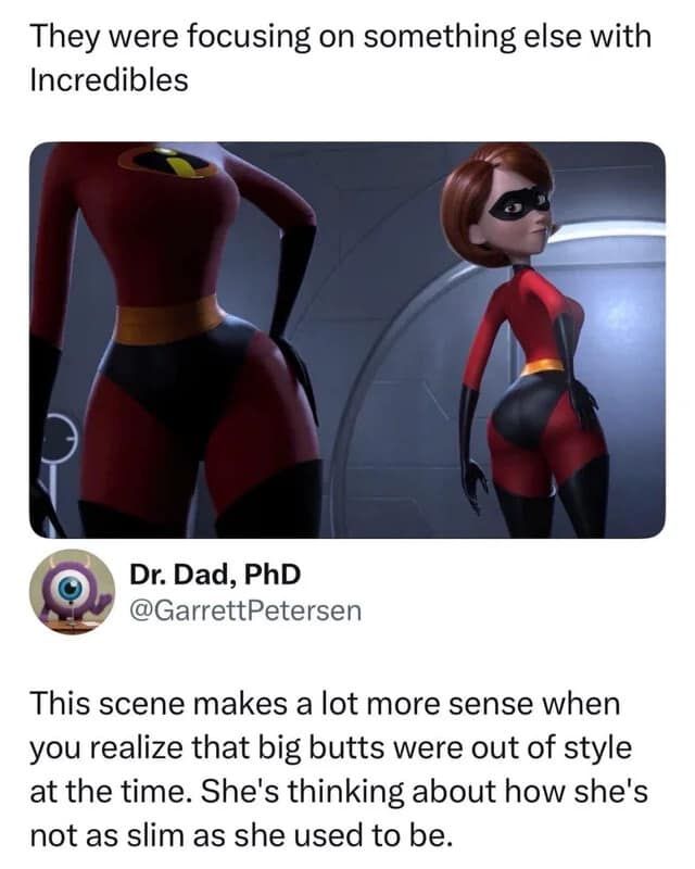 A close-up screenshot of Elastigirl from the animated film The Incredibles highlights a funny meme about a user's pseudo-intellectual breakdown explaining why her curvaceous shape was a source of internal self-doubt.