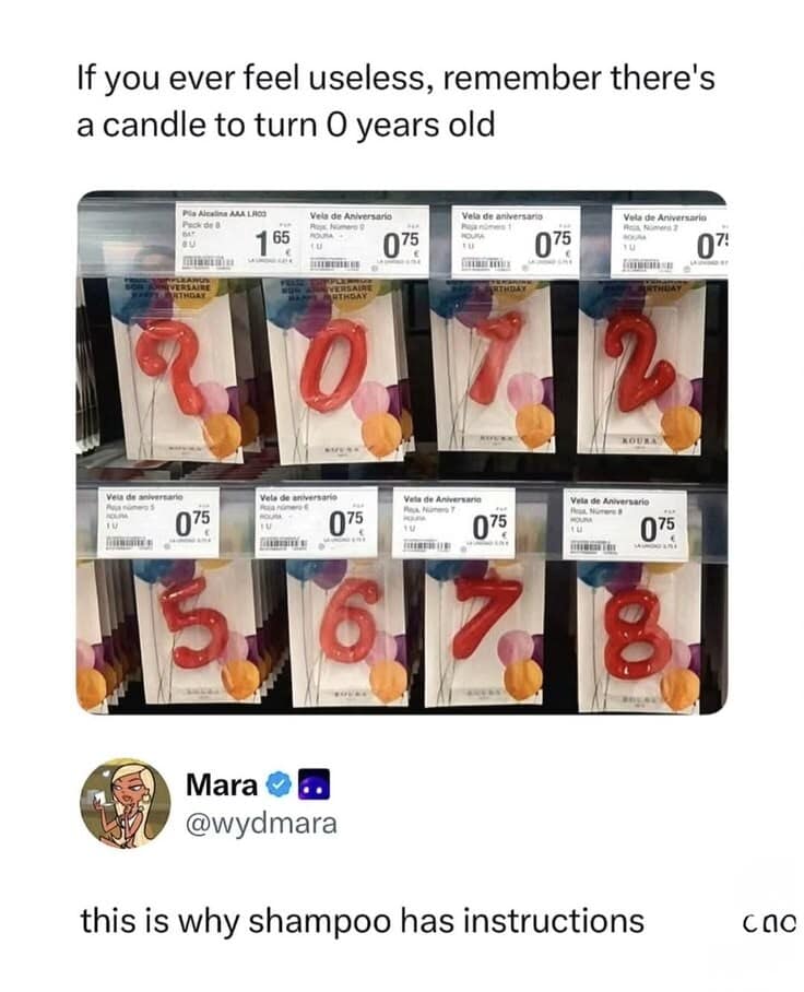 A retail photo showing number-shaped birthday candles from 0 to 8, mocking the existence of a "0" candle as useless, paired with a reply from @wydmara stating "this is why shampoo has instructions."