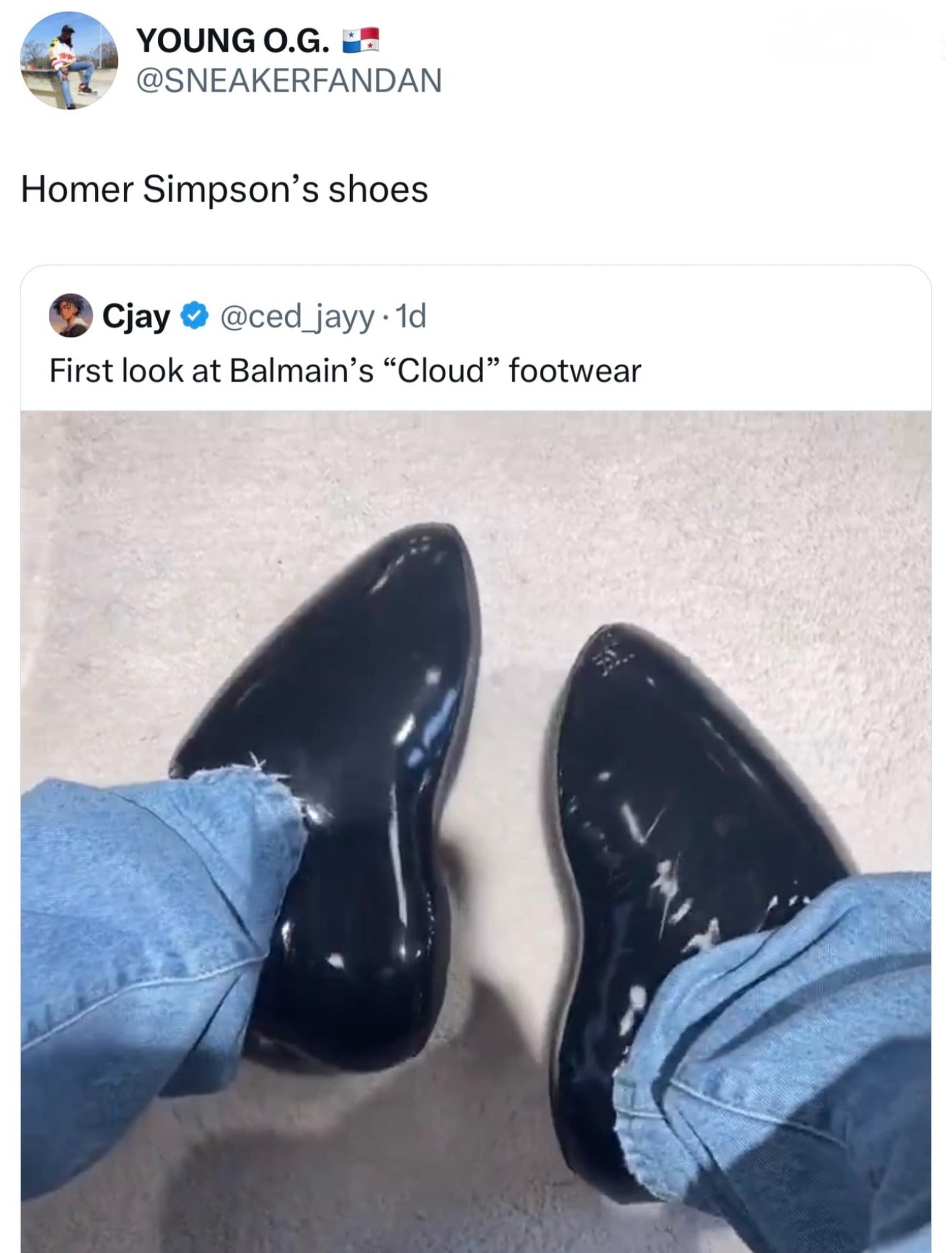 A first-person perspective reveals a pair of glossy, oversized black heart-shaped loafers from Balmain's Cloud footwear line, drawing comparisons to Homer Simpson's cartoon shoes in a funny meme.