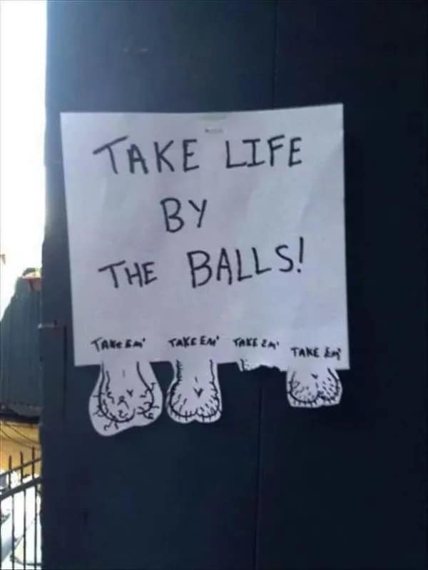 A crude street flyer pinned to a dark wooden pillar reads "TAKE LIFE BY THE BALLS!" with pull tabs at the bottom hand-drawn to look exactly like hairy testicles labeled "TAKE EM'", making it a standout addition to any mature meme dump.