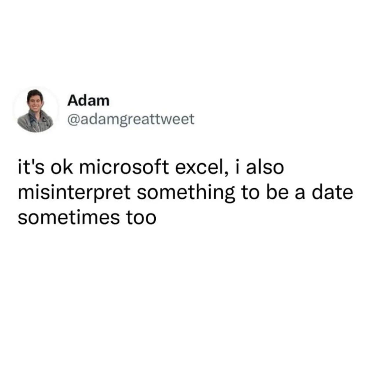 A text-based entry in this meme dump featuring a tweet from @adamgreattweet empathizing with Microsoft Excel, noting that both the software and the author frequently misinterpret random things as "dates."