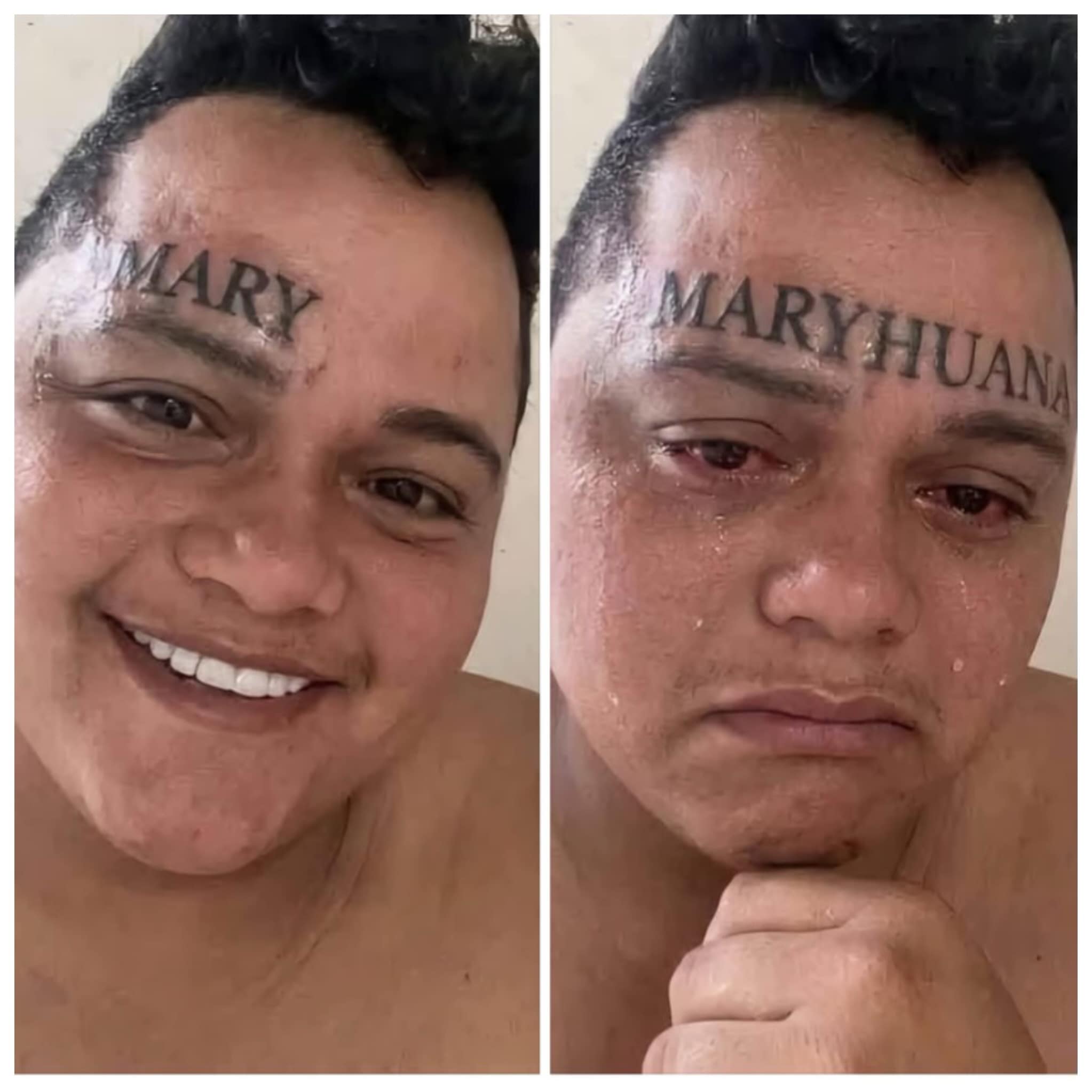 A before-and-after facial progression layout serves as a legendary warning in this meme dump, showing a person smiling with a fresh forehead tattoo that reads "MARY" before transitioning to them crying with bloodshot eyes as the text gets extended into "MARYHUANA".