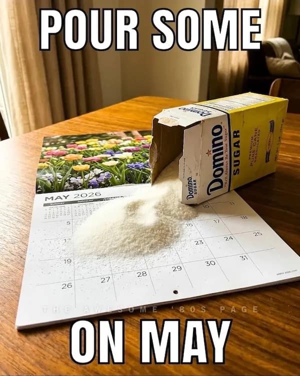 A literal interpretation meme dump showing a box of Domino sugar being poured directly onto a calendar page for May 2026, referencing the Def Leppard lyric "Pour some sugar on me."