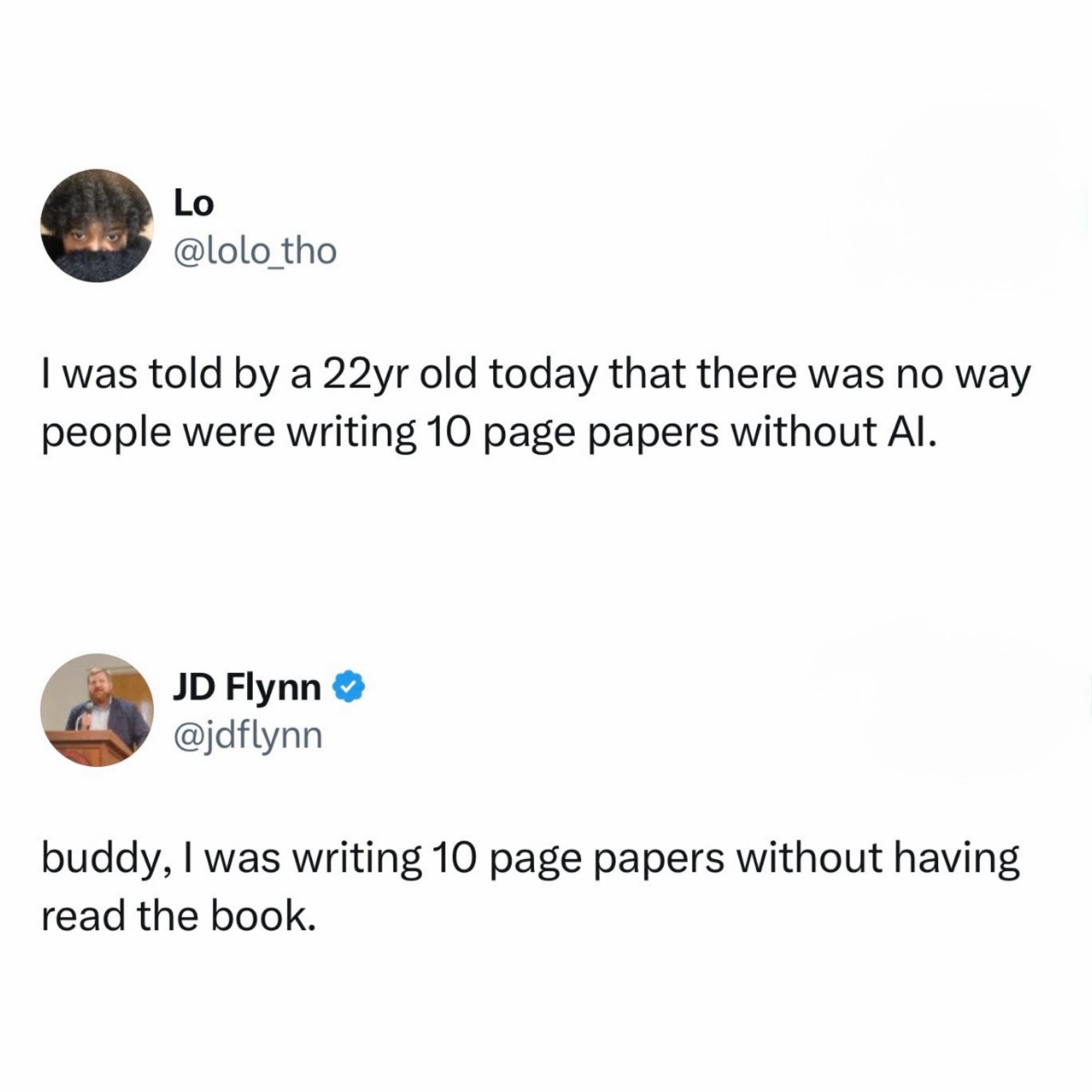 A social media debate screenshot features user JD Flynn countering a Gen Z claim about AI usage by admitting he used to write ten-page college essays without ever opening the assigned book, featured in a popular funny meme.