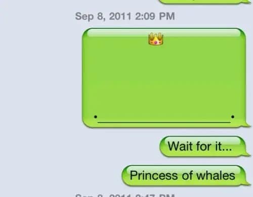 A classic green iOS text message screenshot delivers a punny hilarious meme punchline, utilizing a crude custom text underline and a crown emoji to spell out a visual play on words reading, "Princess of whales."