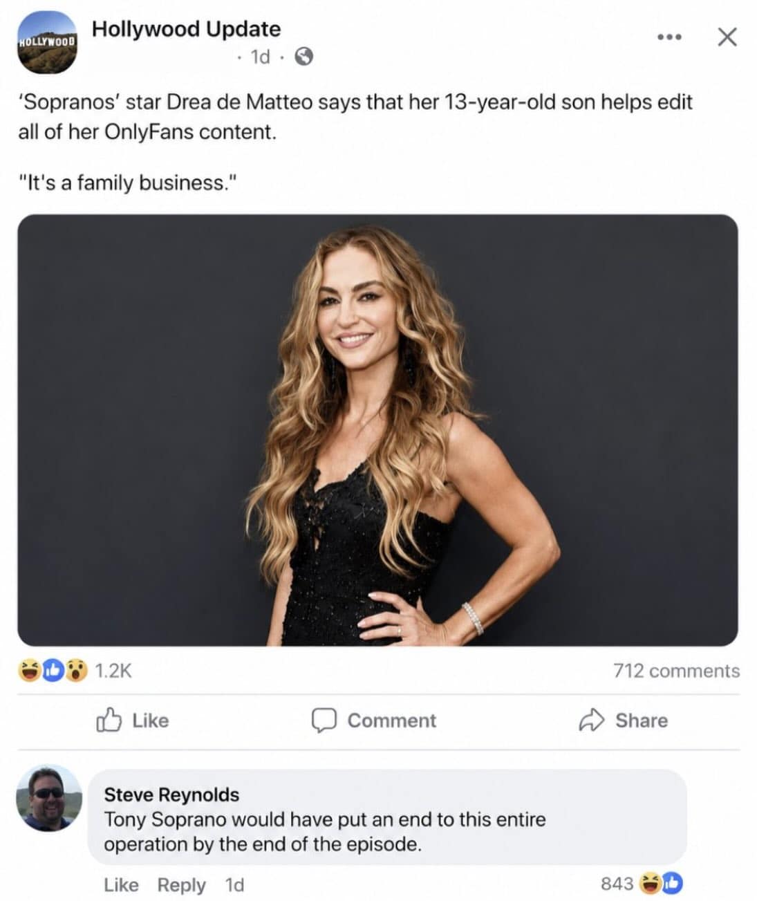 A news headline about The Sopranos actress Drea de Matteo hiring her teenage son to edit her OnlyFans content features a hilarious comment predicting how the fictional mob boss Tony Soprano would have handled the situation.