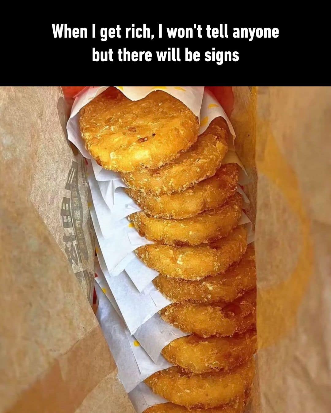 A fast-food luxury photo acts as a hilarious meme about wealth, showcasing a brown paper McDonald's bag packed to absolute maximum capacity with a massive, perfectly organized vertical stack of golden-brown breakfast hash browns.