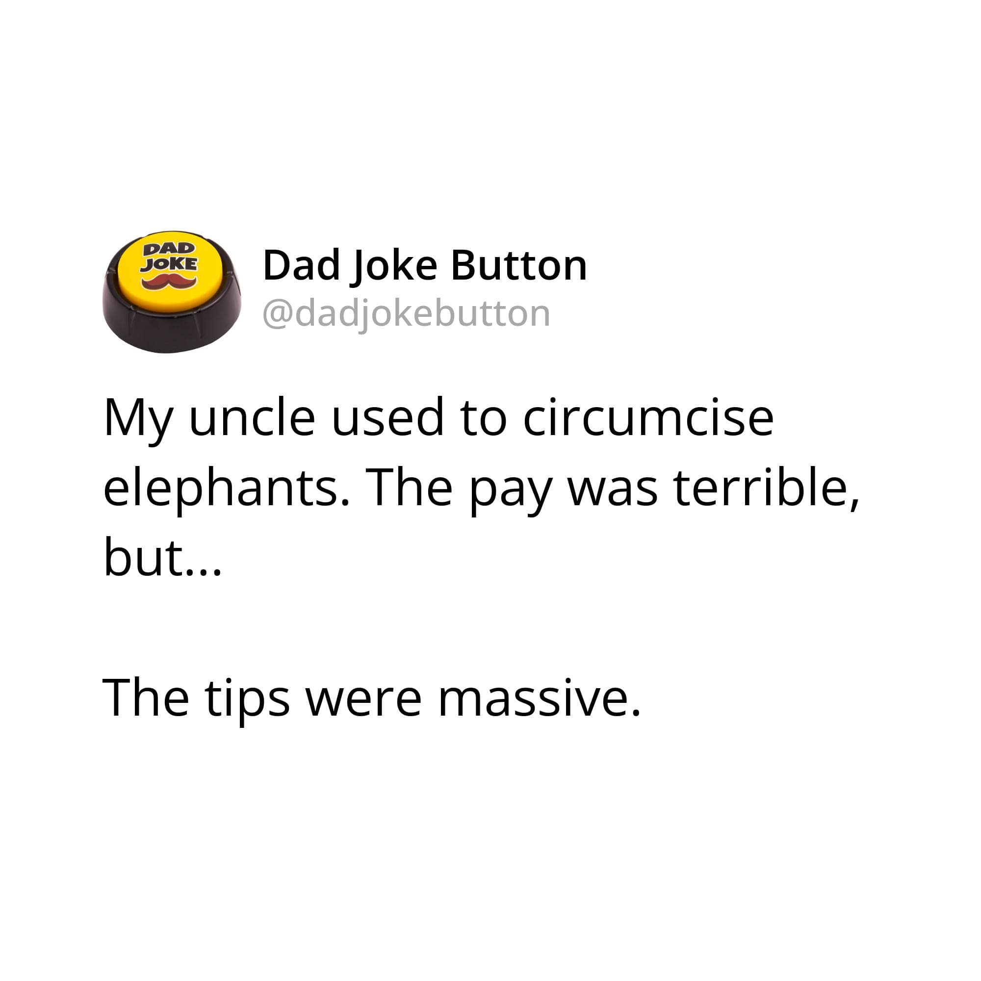 A text-based funny meme from the Dad Joke Button account featuring a classic, punny joke about an elephant circumciser getting terrible pay but receiving massive tips.