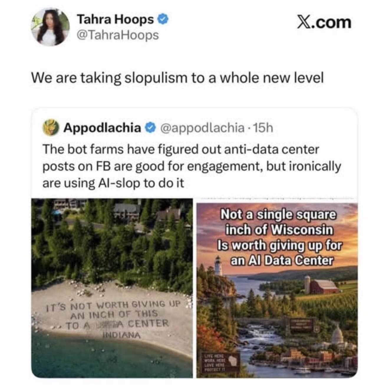 An ironic tech-commentary funny meme featuring a tweet about Facebook bot farms using AI-generated landscape images to protest AI data centers in Indiana and Wisconsin.