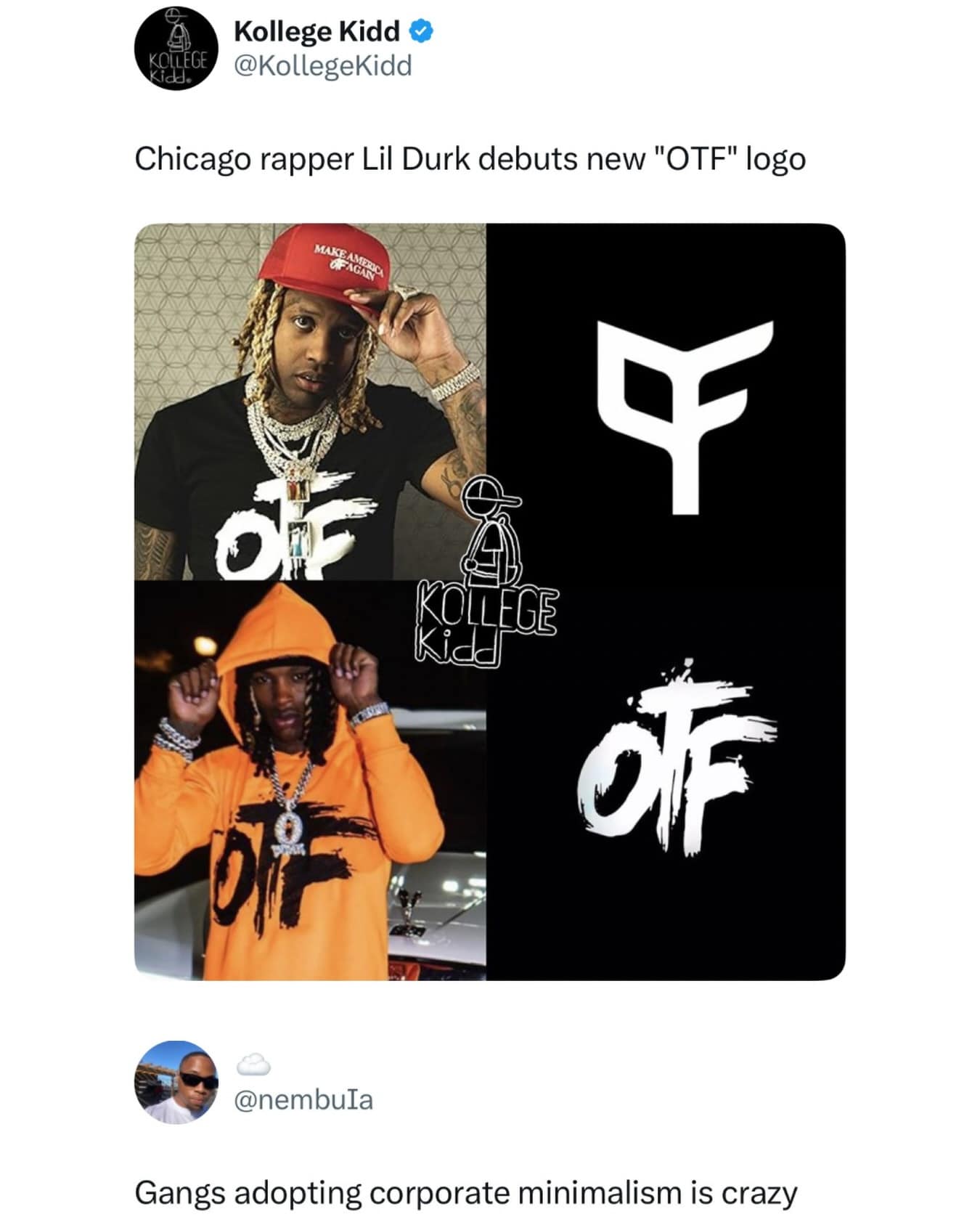 A cultural meme dump entry contrasting Lil Durk’s original "OTF" (Only The Family) logo with a new, ultra-sleek minimalist version, mocking how even rap collectives are adopting "corporate minimalism."