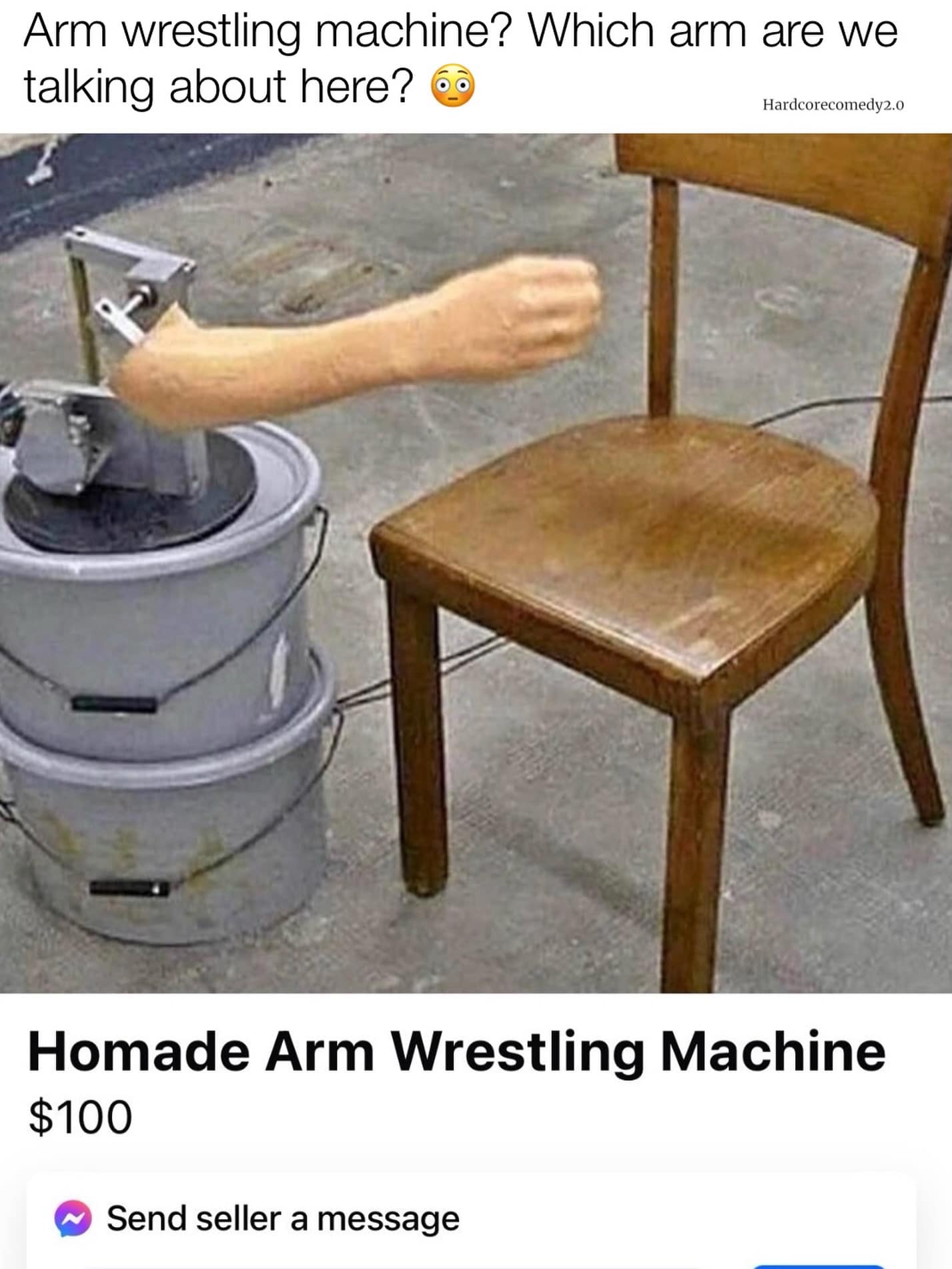 A sketchy classified ad in an online meme dump showcasing a "Homemade Arm Wrestling Machine" built from stacked plastic buckets and a fake rubber arm.
