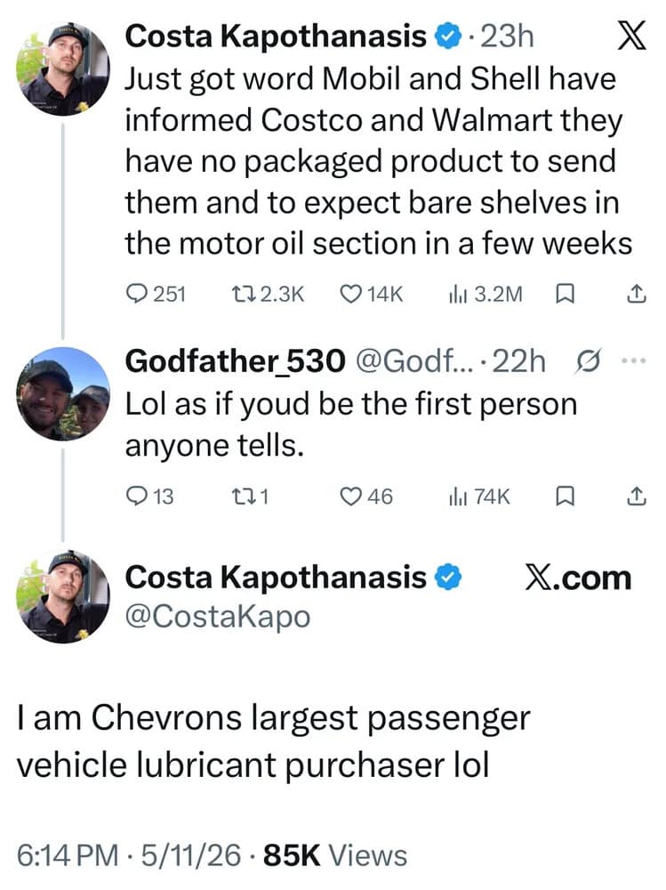 meme dump entry showing a social media clapback. After a user warns of a motor oil shortage, a skeptic mocks him for acting like an insider. The original poster reveals he is actually Chevron’s largest passenger vehicle lubricant purchaser.
