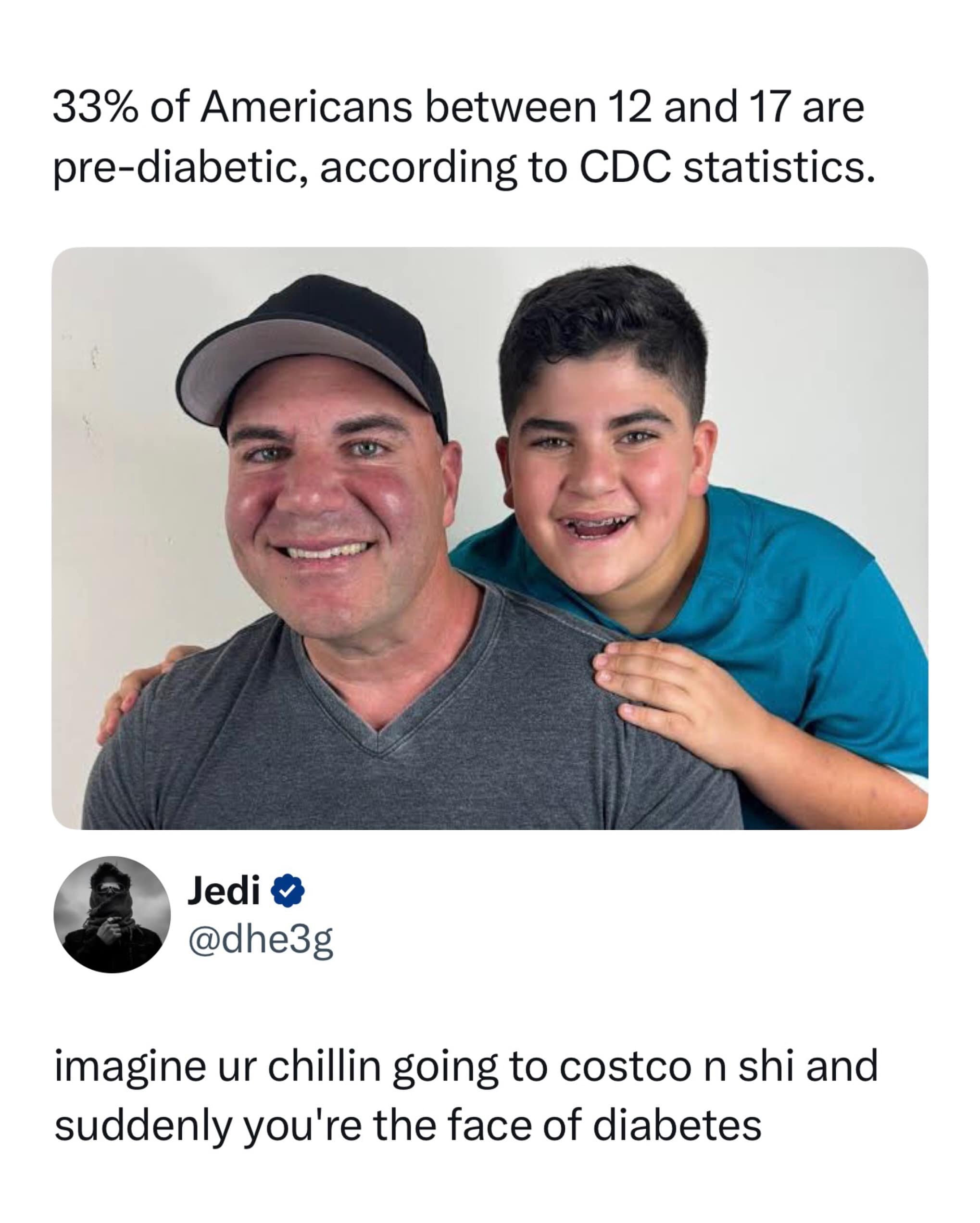 A self-deprecating funny meme pairing a CDC statistic about teen pre-diabetes with a photo of a boy. The tweet jokes about the boy just trying to shop at Costco and accidentally becoming the face of a national health crisis.