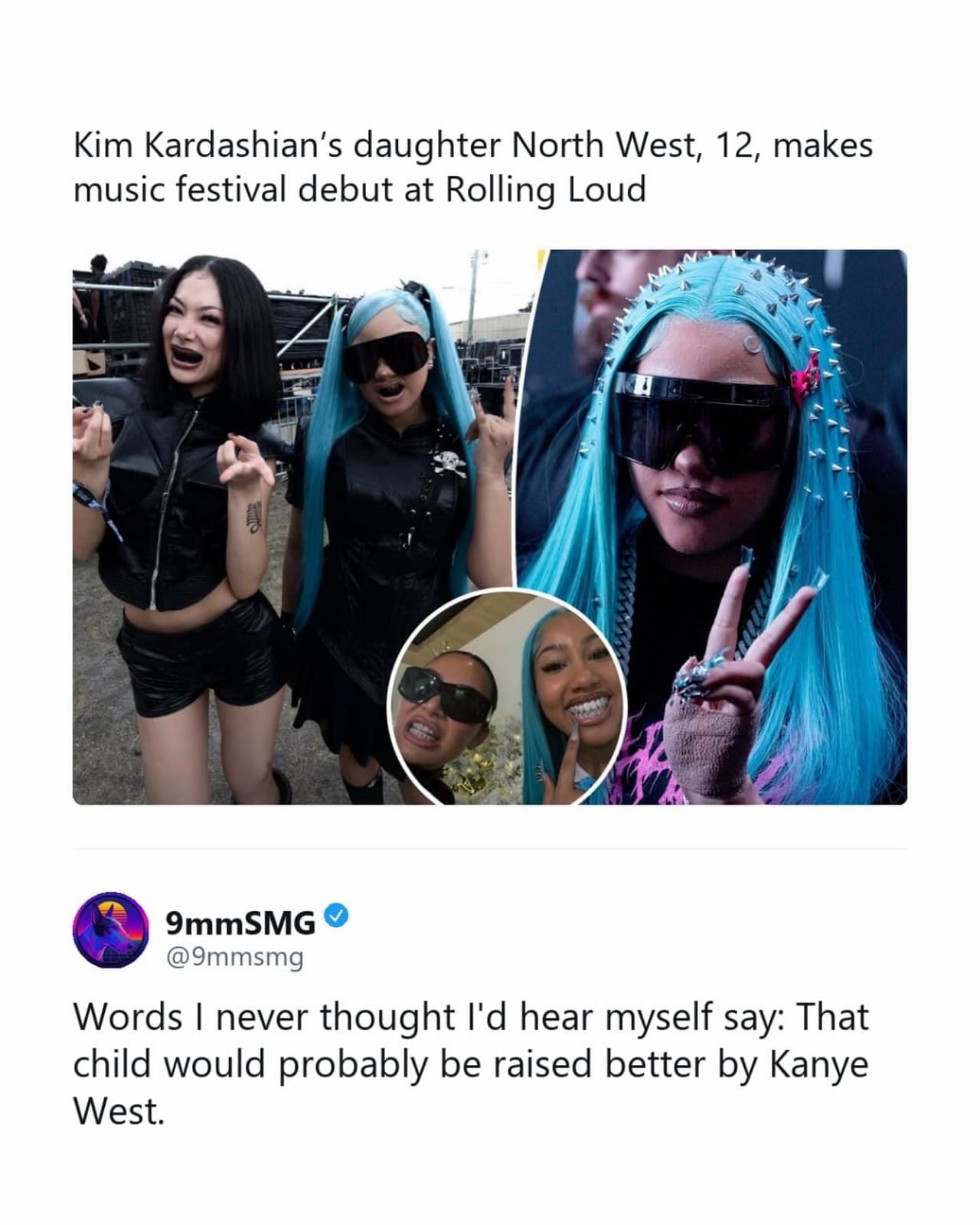 A funny meme showing North West at age 12 in an edgy, studded rock-star outfit at Rolling Loud. A tweet below humorously suggests she looks like she'd be raised better by her father, Kanye West.