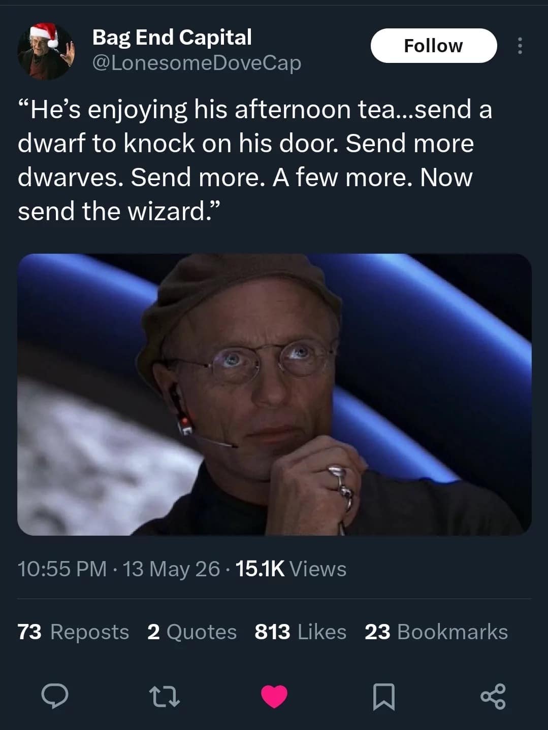 A crossover meme dump tweet from Bag End Capital featuring Ed Harris from The Truman Show orchestrating Bilbo Baggins' life, demanding more dwarves and a wizard be sent to interrupt his afternoon tea.