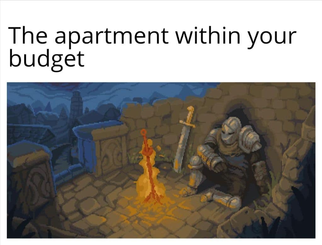 A pixel art knight sits beside a glowing bonfire in a crumbling stone ruin as a relatable funny meme about the modern housing crisis.