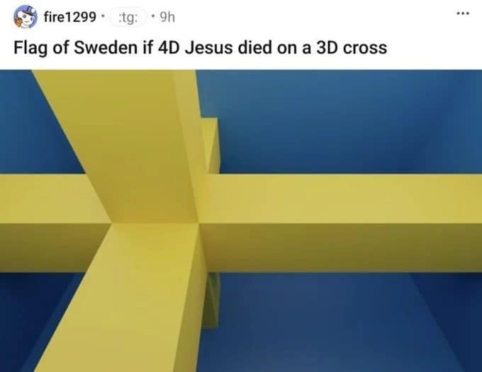 3D render of intersecting yellow beams forming a multi-dimensional cross against a solid blue background, reimagining the Swedish flag through the lens of abstract geometry and theology.