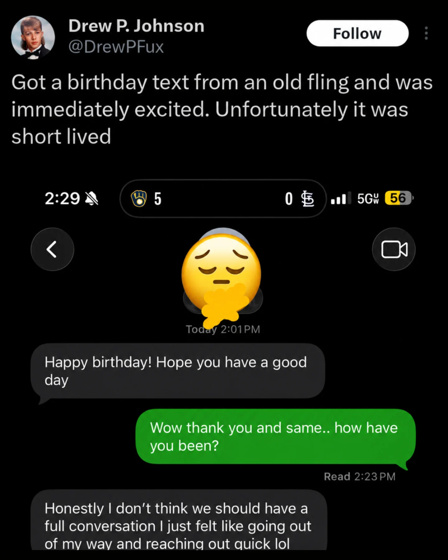 A brutal funny meme screenshot of a text thread where a guy tries to catch up with an old fling after a birthday text, only to be told she doesn't want a "full conversation" and was just "reaching out quick."