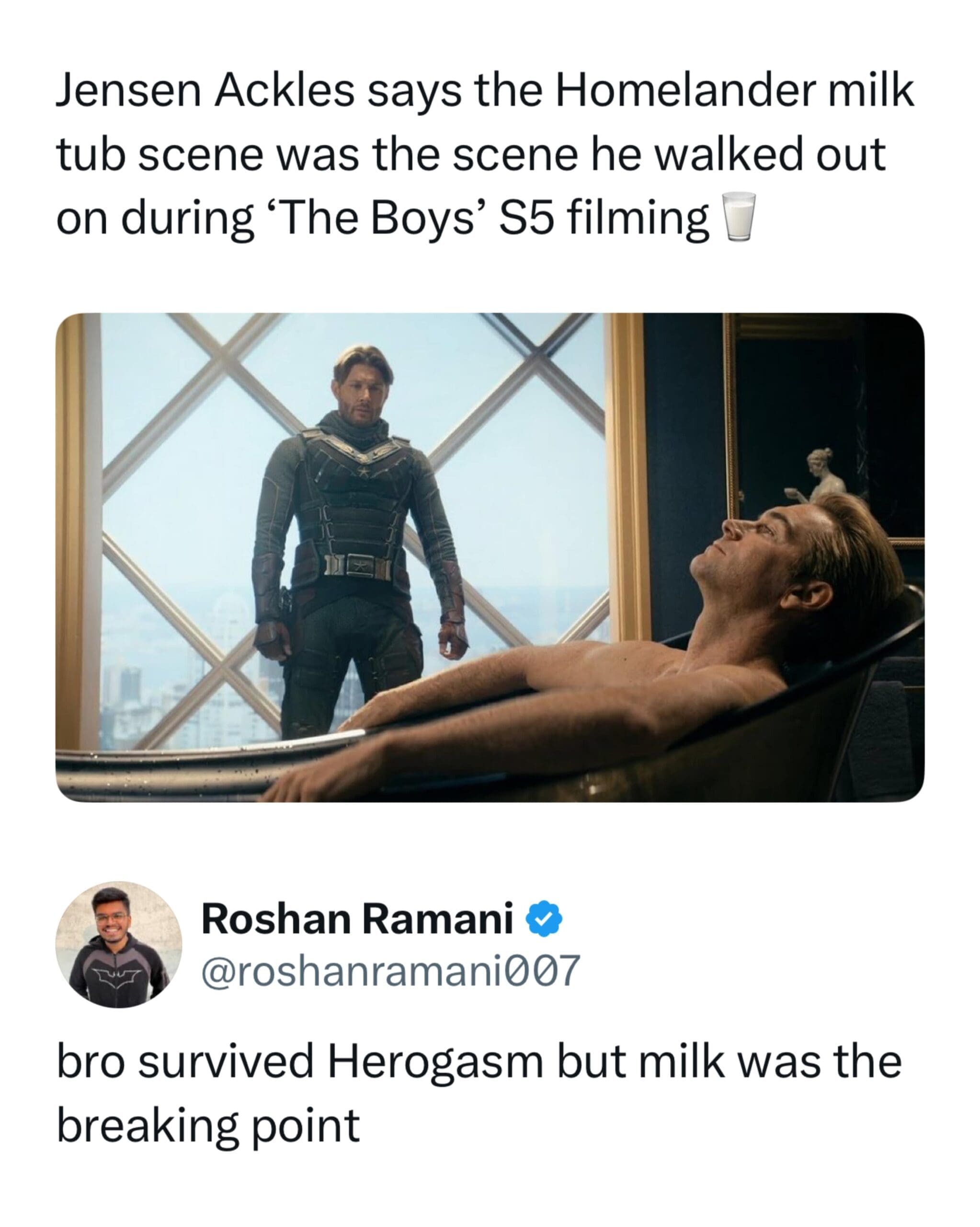 A screenshot of a pop culture entertainment news update regarding The Boys television show and actor Jensen Ackles walking out on a scene is paired with a funny social media reply about surviving 'Herogasm' but breaking at milk, making a viral addition to this meme dump.