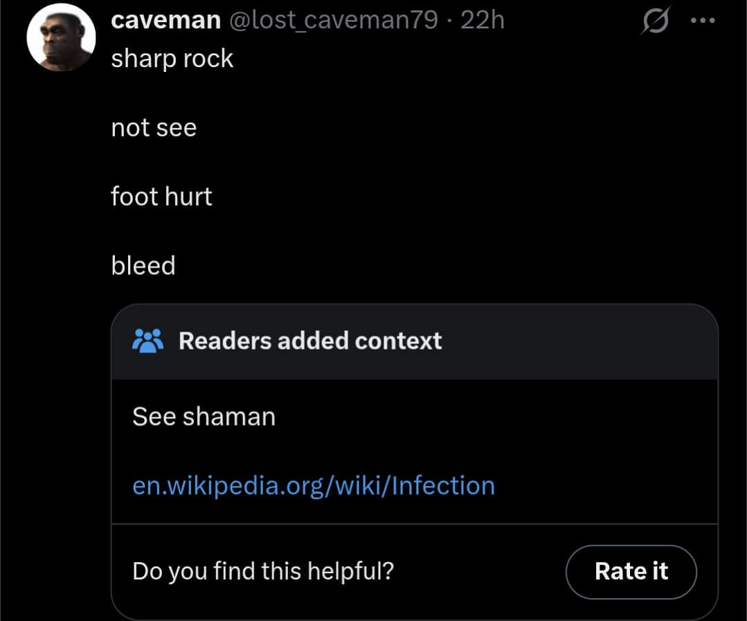 A caveman Twitter account posts about a hurt foot and receives a humorous community note suggesting he see a shaman in this funny meme.