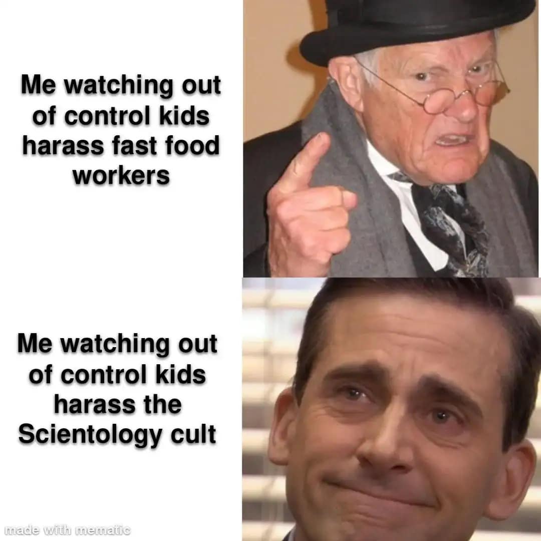 A two-panel meme dump showing an angry Victorian man disapproving of kids harassing fast food workers, contrasted with Michael Scott’s proud, tearful face when those same kids harass the "Scientology cult."