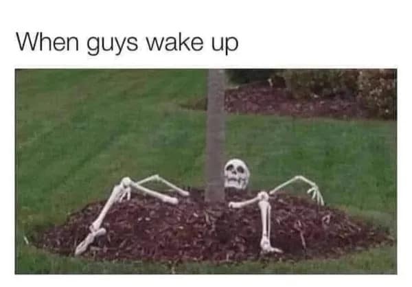 A humorous text macro titled "When guys wake up" features a decorative plastic Halloween skeleton awkwardly emerging and contorted out of a garden mulch bed to mock morning muscle stiffness.