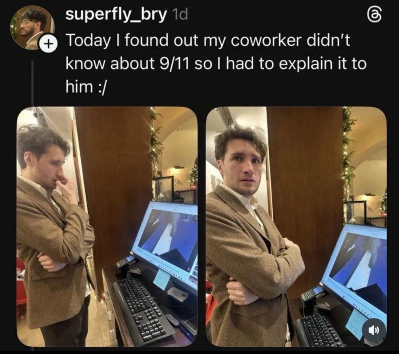 A social media clipping captures a shocked office employee discovering the historical events of 9/11 for the first time while staring existentially at a computer monitor screen, serving as a standout entry in this meme dump.
