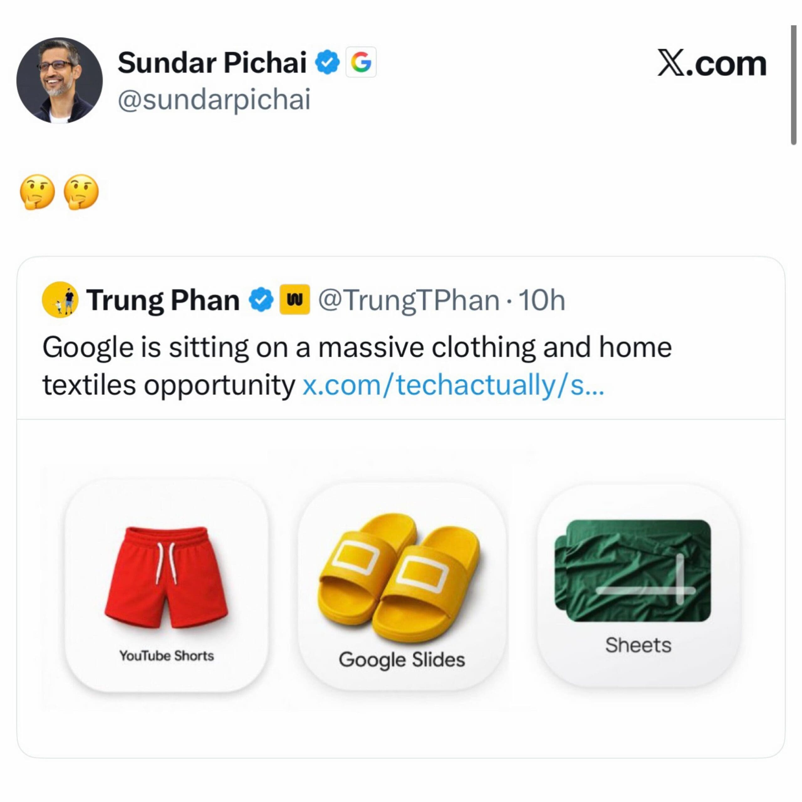 A corporate tech satire piece featured in a meme dump displays a platform post by Google CEO Sundar Pichai reacting with thinking emojis to a concept design thread illustrating tech apps as apparel, including YouTube Shorts swim trunks, Google Slides sandals, and Google Sheets bed linens.