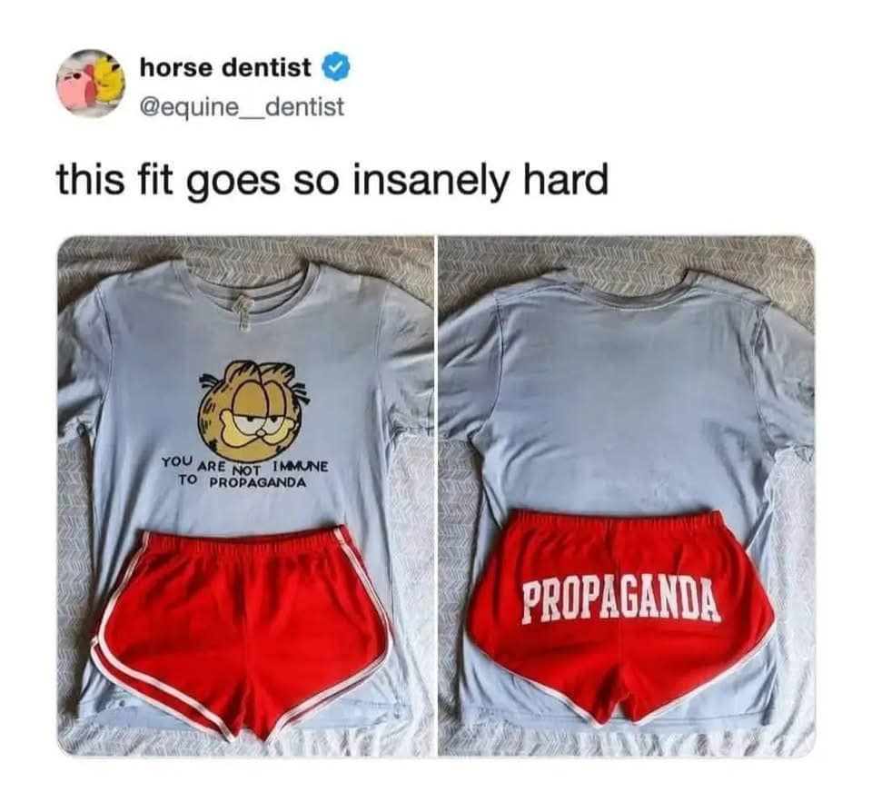 A two-panel image showing a light blue Garfield t-shirt that says "You are not immune to propaganda" paired with red athletic shorts that have "PROPAGANDA" printed across the seat in bold white letters.