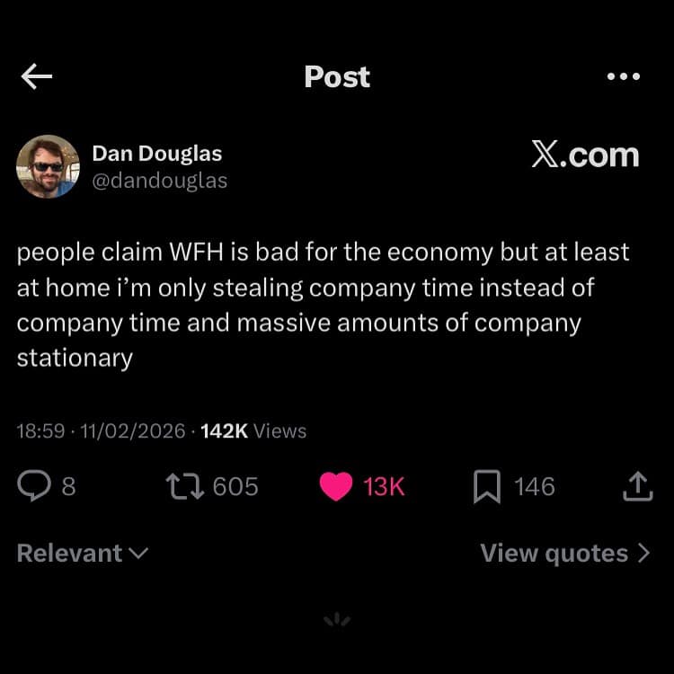 A viral text tweet from Dan Douglas defends the work-from-home lifestyle in a clever meme dump entry, joking that working remotely protects companies from losing massive amounts of office stationery.