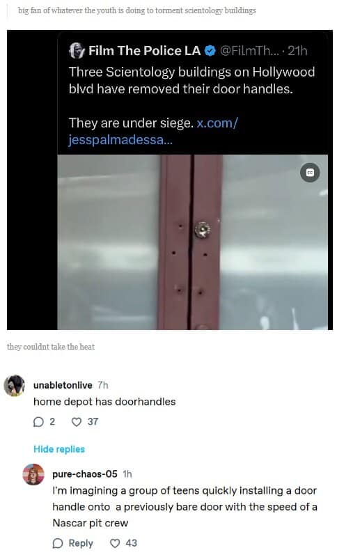 A chaotic meme dump screenshot discussing Scientology buildings removing their door handles to prevent "siege." The comments joke about Home Depot having replacements and imagining teens installing them with the speed of a NASCAR pit crew.
