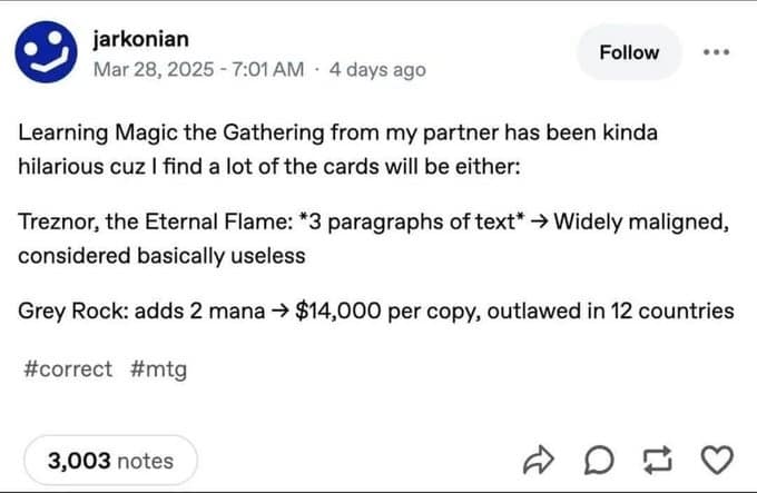 A social media post in a collection of hilarious memes explaining the logic of Magic the Gathering card values, where complex cards are useless while a simple Grey Rock is worth $14,000.