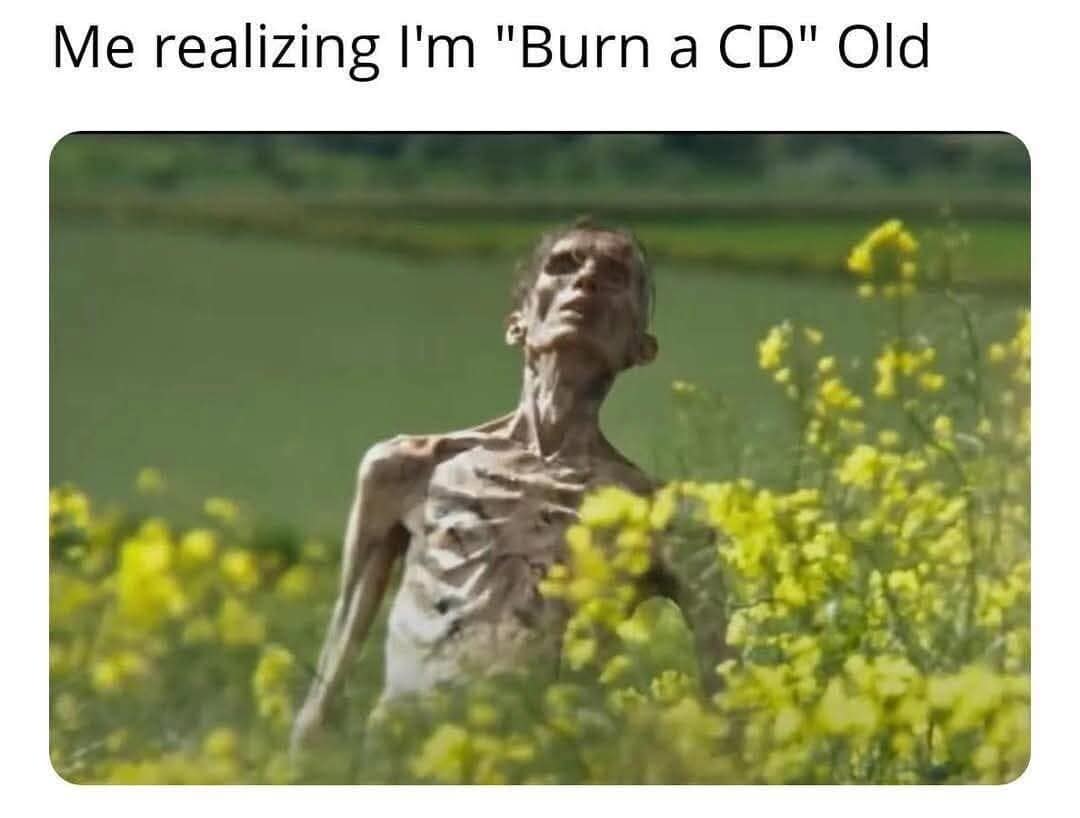 A skeletal, sun-bleached figure standing in a field of flowers, used in this meme dump to represent the feeling of being prehistoric because you remember how to burn a CD.
