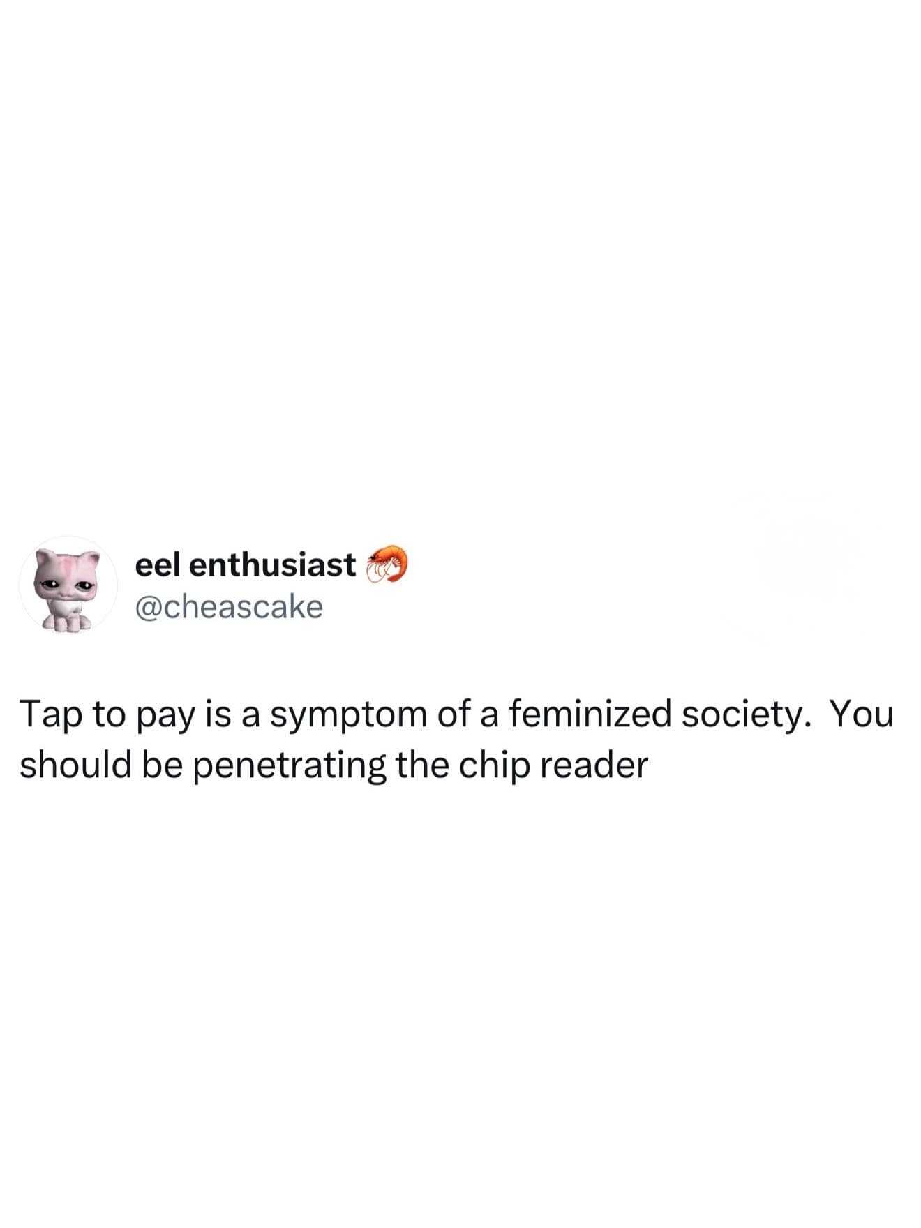 A text-based social media post from user eel enthusiast delivers a hilarious meme mocking tap-to-pay convenience by jokingly asserting that people should aggressively penetrate card chip readers instead.