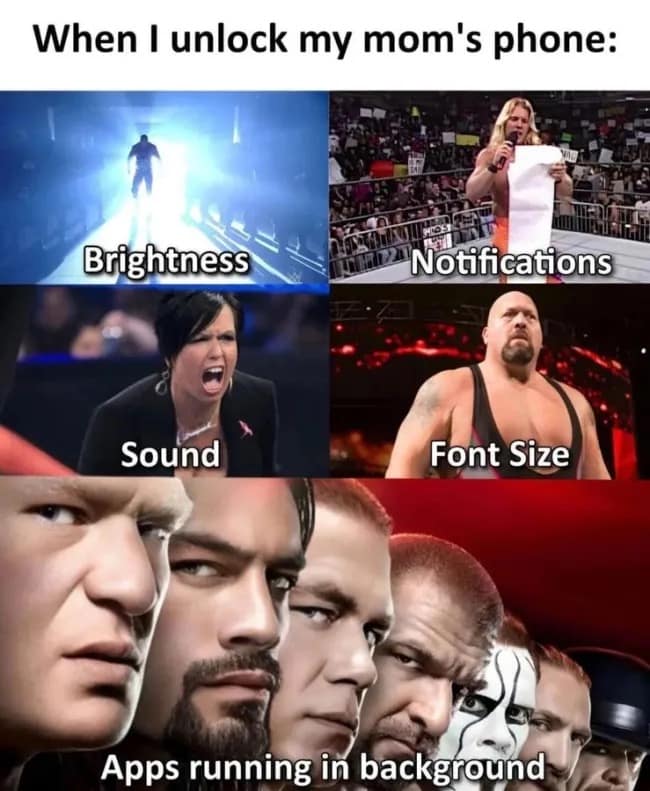 A multi-panel chart compares unlocking a mother's smartphone settings to dramatic pro wrestling entrance imagery, highlighting maximum screen brightness, massive unread notification scrolls, and an overwhelming army of background apps.