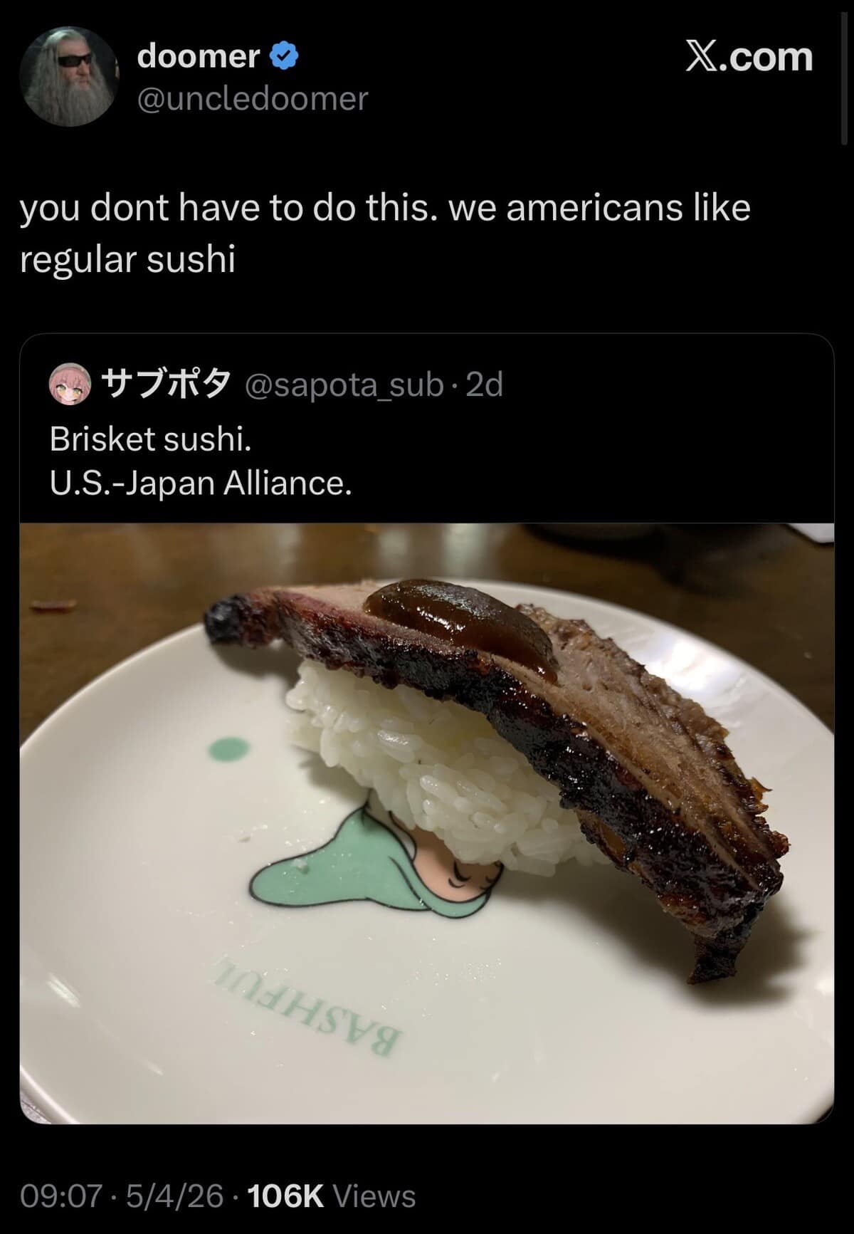 A close-up of brisket sushi topped with BBQ sauce on a plate, with a viral comment pleading for the U.S. and Japan to end this specific culinary alliance in this meme dump.