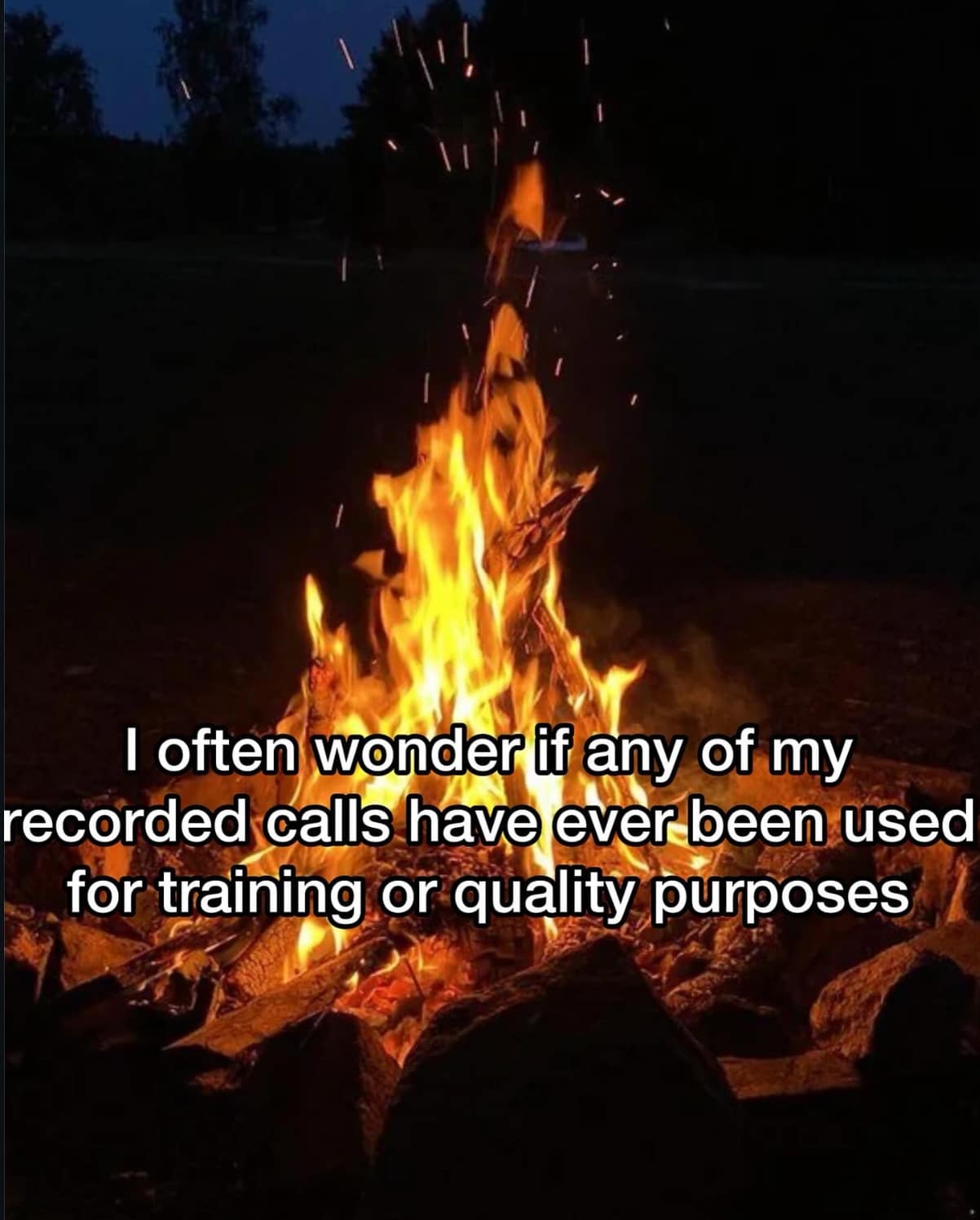 An existential meme dump image of a bright campfire crackling in the woods at night, with an overlaying thought: "I often wonder if any of my recorded calls have ever been used for training or quality purposes."