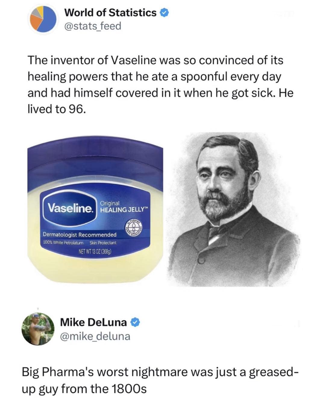 A historical trivia graphic details the bizarre lifestyle habits of the inventor of Vaseline, paired with a funny comment about Big Pharma's worst nightmare being a greased-up man from the 1800s.